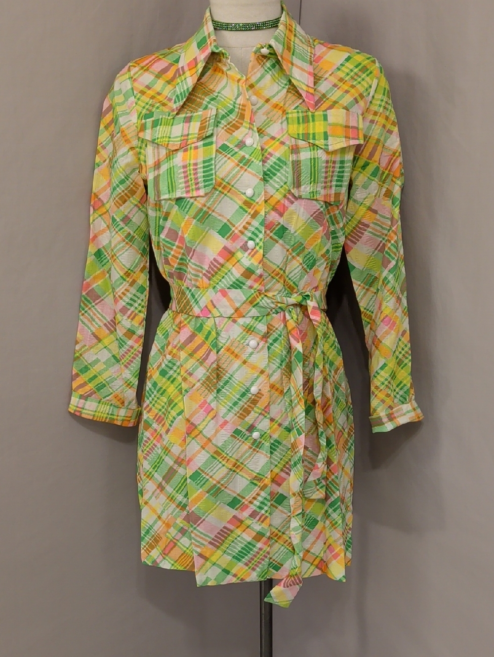 Deadstock 70s Vintage Bright Plaid Mini Dress Button Front Shirt w Spear Collar